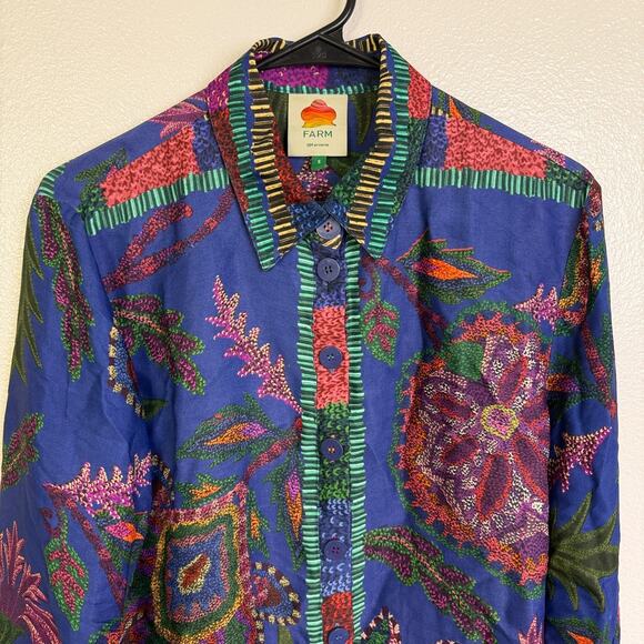 Farm Rio Sunset Tapestry Print Blouse Womens Small Blue Floral Long Sleeve Shirt - Picture 3 of 12